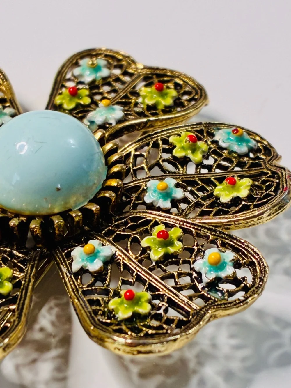 VTG Art Floral Filigree Flower Brooch with Pale Blue Cabochon Signed Oversized
